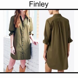 FINLEY Button Front Weathercloth Miller Shirt Dress L Solid Green Made In USA